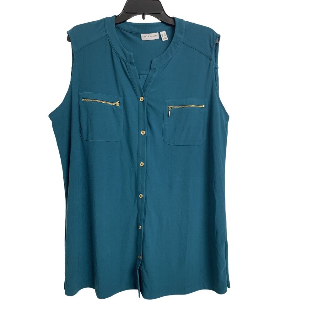 Susan Graver Green Button Up‎ Sleeveless Blouse Size 3X